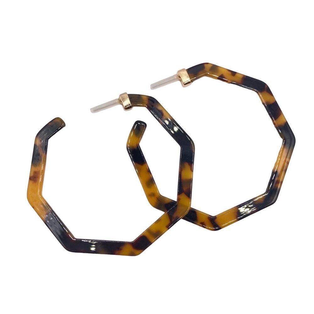 Brown and Black Faux Tortoise Shell Geometric Hoop Earrings